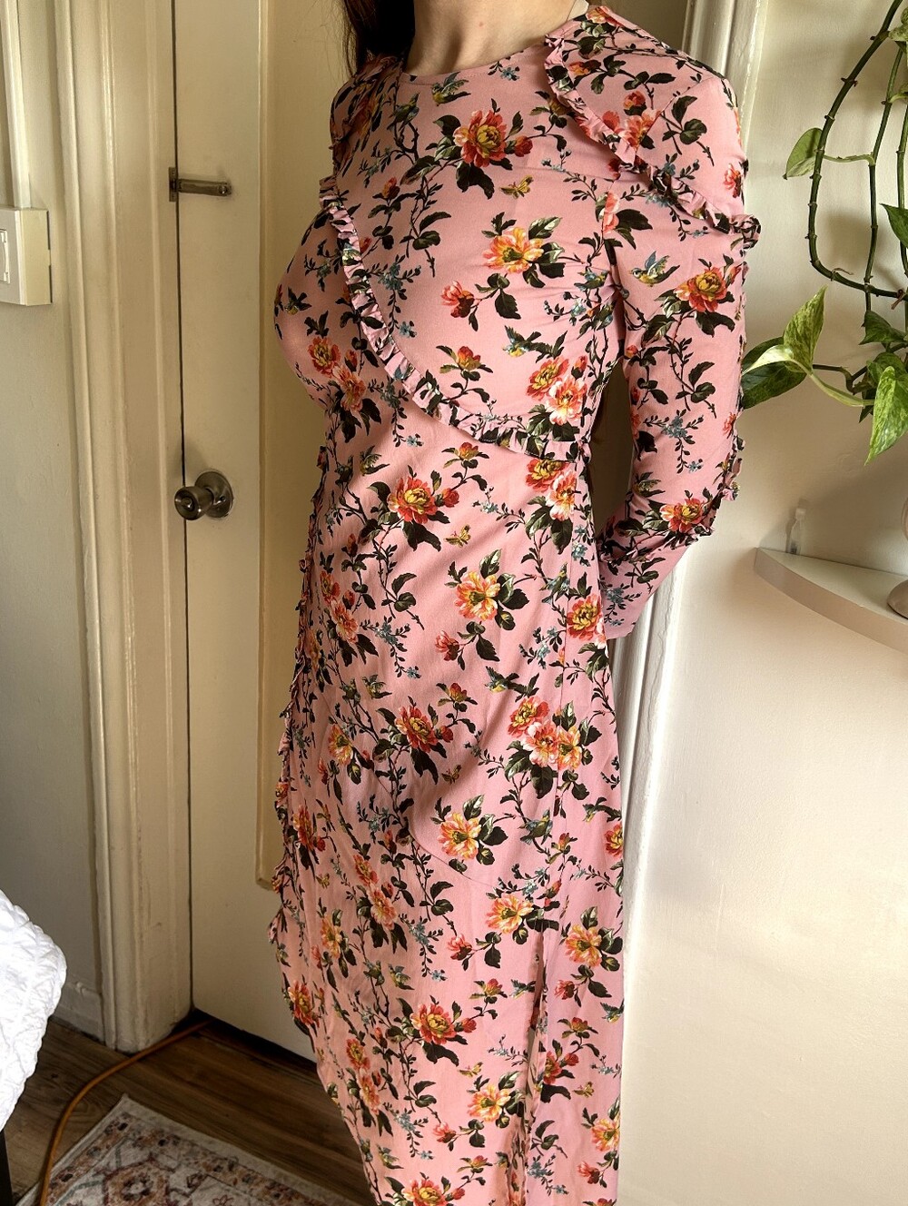 Topshop Pink Floral Ruffle Long Sleeve Midi Dress
